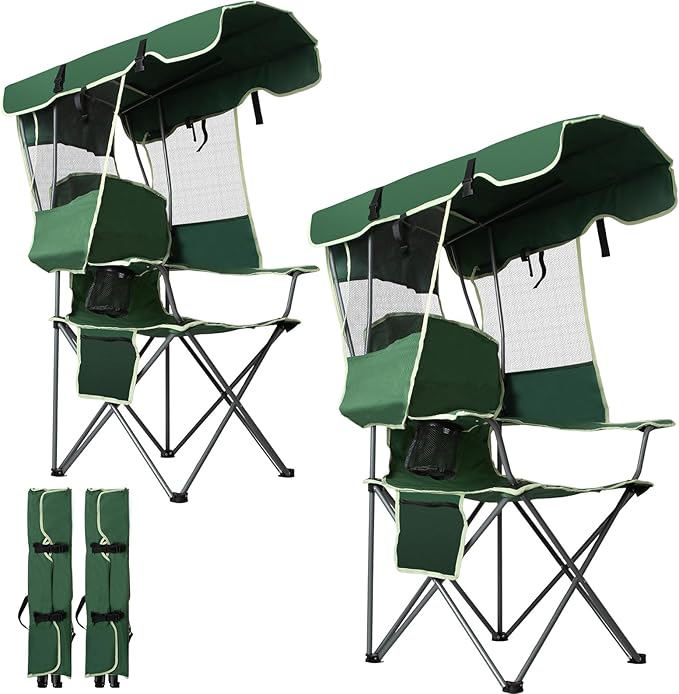 Romswi Folding Canopy Beach Camping Chairs for Adult 2 Pack, Portable Outdoor Chairs with Sunshade,Cup Holder & Side Pocket for Camping, Fishing, Beach, Backyard, Green