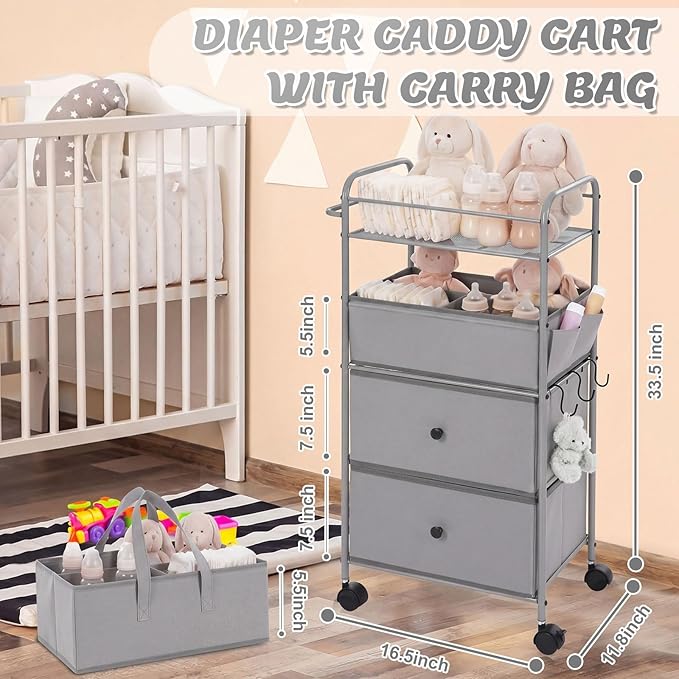 FoldTier 3In1 Baby Diaper Caddy Organizer Cart 4 Tier Large Capacity Metal Utility Bedside Rolling Cart with Divider Newborn Registry Nursery Essential Must Have Bedroom Gift Baby Shower(Gray)