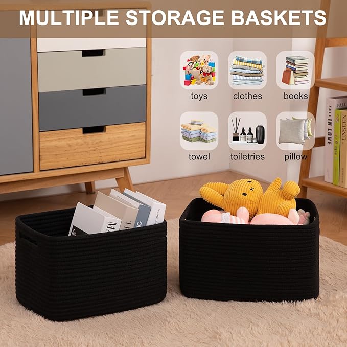 OIASKET Storage Baskets for Organizing, Woven Decorative Baskets for Shelves - Books, Towels, and Clothes, Cotton Rope Toy Storage Bins, 12.7''Lx9''Wx7.8''H, Pack of 4, Black