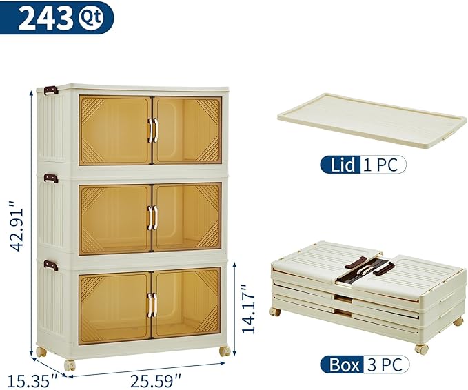 GarveeHome 243QT Stackable Storage Bins, Folding Storage Box with Magnetic Doors & Wheels, Loset Organizers and Storage with Lids, Collapsible Plastic Drawers for Bedroom Kitchen Office, White
