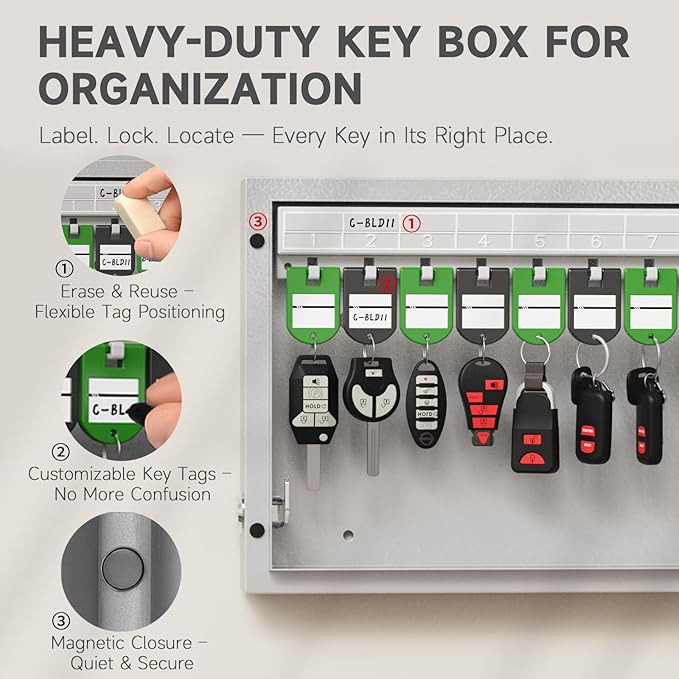 WeHere 24 Key Lock Box Wall Mount, Securty Key Cabinet with Key Tags, Key Organizer Box for Business, Home, Office, Hote, Garage, APP Bluetooth/OTP/Fixed Code/Key/Wi-Fi Unlock, Tempered Glass Door
