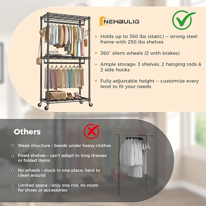 NEWBULIG Heavy Duty Adjustable Clothes Rack with Wheels, Adjustable Rolling Metal Freestanding Garment Closet Organizer with Double Rods & 2 Side Hooks for Hanging Clothes, 35" x 15" x 75", Black