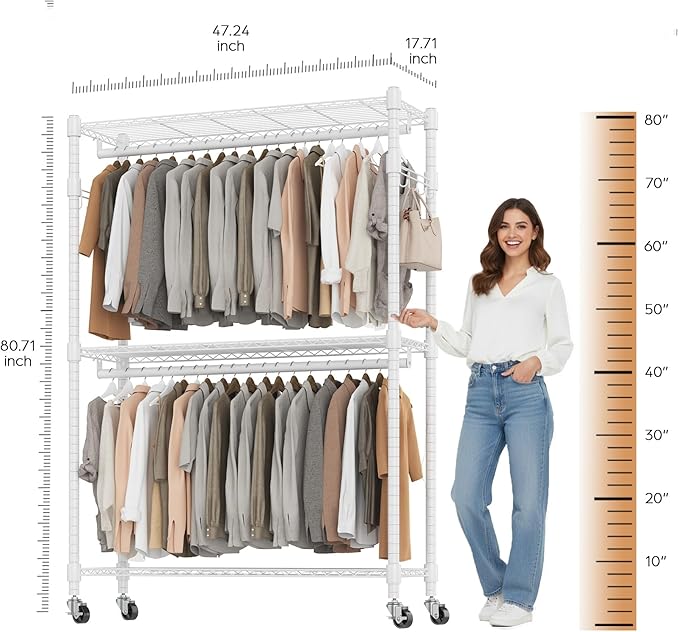 BATHWA Clothes Racks for Hanging Clothes, 25 mm tube Heavy Duty 47.3" W x 17.7" D x 80.7" H Large Wardrobe Rack with Shelves & Wheels Rolling Metal Commercial Multifuctional, White