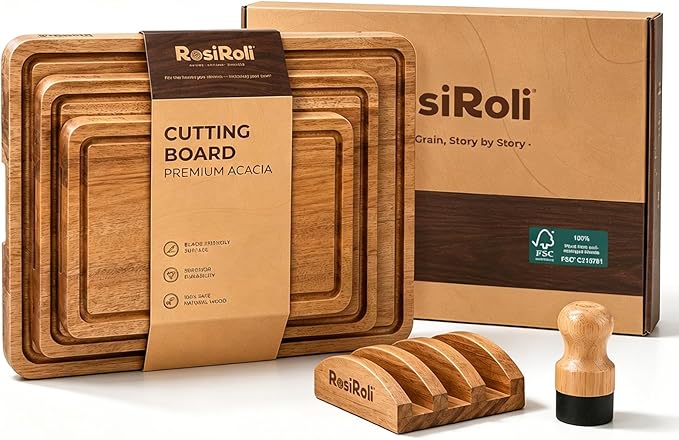 Acacia Wood Cutting Board Set of 3 for Kitchen — Non-Toxic, Kiln-Dried & Pre-Oiled 3x | Warp-Resistant Solid Acacia with Juice Groove, Handles & Anti-Slip Feets | Large Medium Small