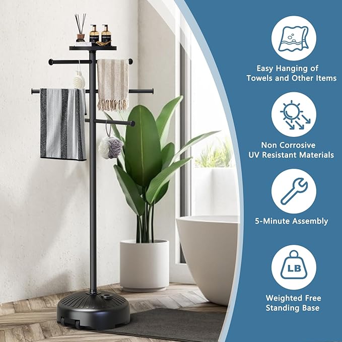 Pool Towel Rack with Wheels for Indoor Outdoor Use, 63 Inch Towel Holder with Storage Tray, 6 Adjustable Bars Hot Tub Accessories, Free Standing Towel Rack for Pool, Spa, Hot Tub