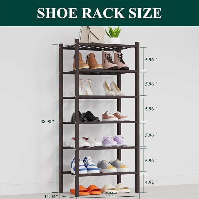 Smiry Small Bamboo Shoe Rack, 6 Tier Free Standing Wooden Shoe Organizer, Stackable Wood Shoe Storage Shelf for Closet, Entryway, 14 Vertical Slats, 2+2+2 Stack Thicker Legs, 17.3"x11"x39", Brown