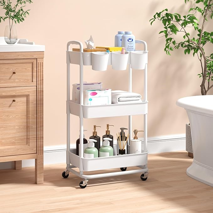 3-Tier Baby Diaper Caddy Organizer Cart with Locking Wheels & Hanging Cups - Rolling Storage Cart for Nursery, Changing Table, Baby Essentials, White