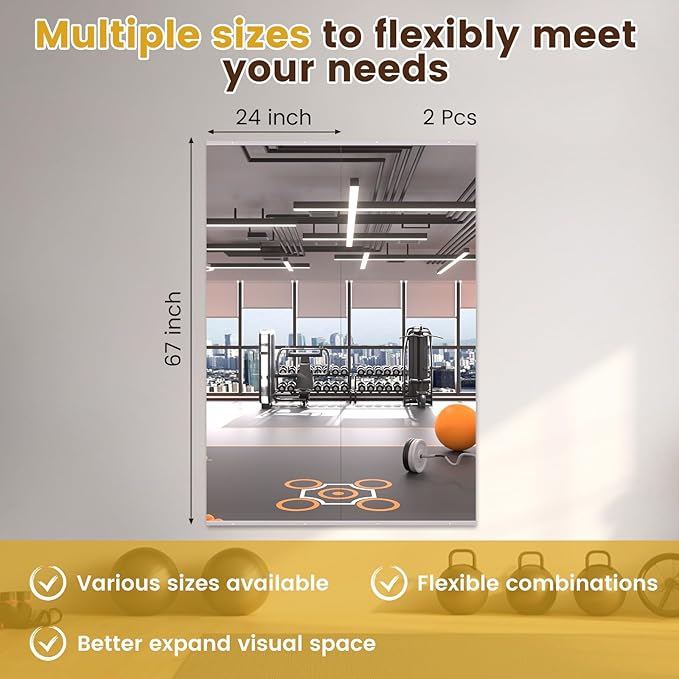 LOAAO Home Gym Mirror, 67"x24"-2 PCS Gym Mirrors for Wall, Frameless, Tempered Glass, Large Workout Mirrors for Home Gym, Dance Studio, Yoga Room, Garage Gym