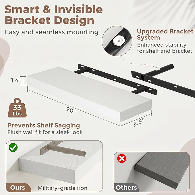 Venusmiles Floating Shelves for Wall, 20 Inch Floating Shelves Set of 2, 6.5" D Wooden Wall Mounted Display Shelves with Invisible Brackets for Living Room, Bedroom, Bathroom, Kitchen Decor, White