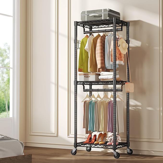 OLIXIS Clothes Rack Heavy Duty Adjustable Garment Clothing Rack with Wheels, Rolling Metal Freestanding Closet Organizer for Hanging Clothes with 2 Side Hooks, Double Rods, 23" x 15" x 75", Black