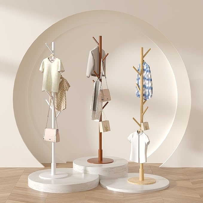 VECELO Coat Rack Freestanding, Entryway Hanger Stand, Umbrella Holder, Hall Tree With Hooks, Floor Standing Metal Tree Stand,Light Wood