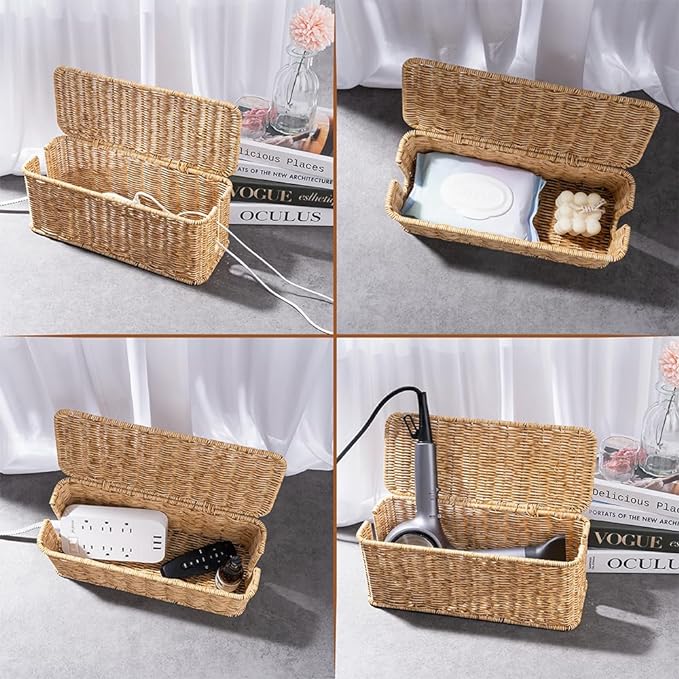 Cable Management Box, Handmade Rattan Cable Organizer with 2 Open Slots, Cord Hider for Power Strip, Router & USB Hub, Registered U.S. Design Patent (D1,112,102), 13" x 5.1" x 5.1", Natural