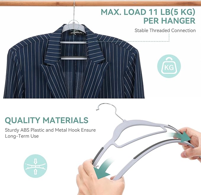 NCXTKJ 50-Pack Heavy Duty Coat Hangers, Non-Slip, 0.2'' Slim, 360° Swivel Hook, 16.5 Inches Wide, Space-Saving Plastic Clothes Hangers for Suit, Shirt & Pants, Light and Dark Gray