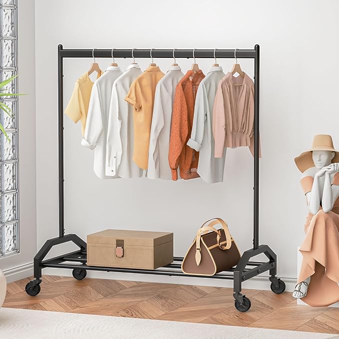 Wiracks Clothes Rack Clothing Rack with Wheels Rolling Clothing Rack for Hanging Clothes Garment Rack Loads 300 LBS for Bedroom, Laundry Room, Retail Store (Black)