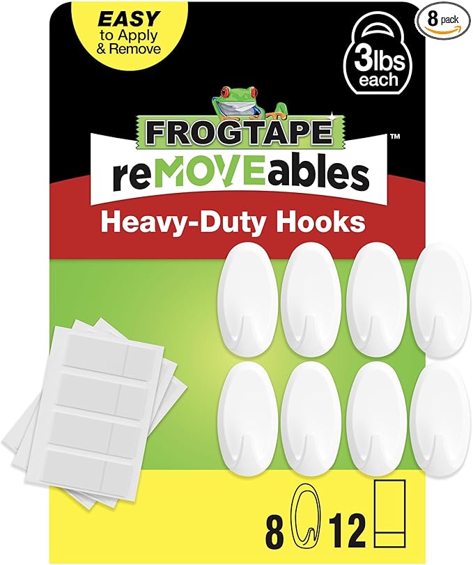 FrogTape reMOVEables Heavy Duty Wall Hooks - 8 Hooks and 12 Strips - Holds up to 3 lbs - No Damage - Easy to Remove & Reuse - Medium Wall Hook with Adhesive Strips - White (Pack of 8)