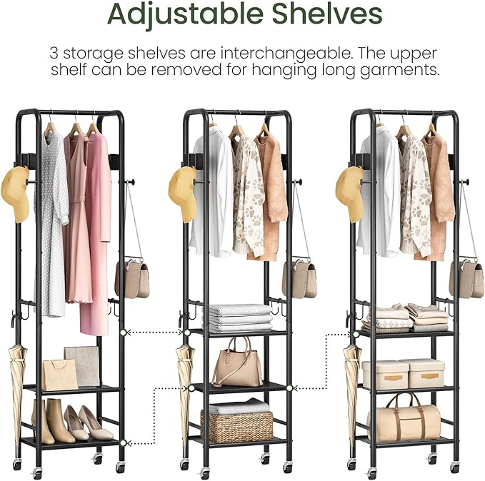 CHOEZON Coat Rack, Freestanding Coat Rack with 3 Shelves, Rolling Garment Rack with Wheels and Hooks, Coat Hanger Stand, Clothes Rack, Hanging Rod, for Entryway, Bedroom, Living Room, Black TYM17BB