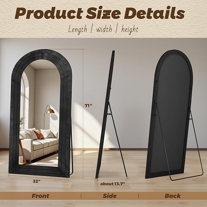 Antok Full Length Mirror with Solid Wood Frame, 71"×32" Wall Mounted Oversized Floor Mirror with Stand, Leaning Standing Hanging for Bedroom Living Room Entryway, Black, Arched Syle