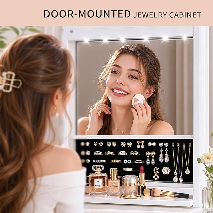 Over the Door Jewelry Organizer, Wall Mounted Jewelry Cabinet, Hanging Mirror with Storage Box, Wall/Door Mounted Full Length Mirror with LED