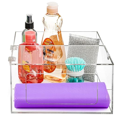 Acrylic Trash Bag Dispenser Holder, 2 in 1 Garbage Bag Roll Holder Under Sink, Standard Grocery Bags Storage Container with Lid, Laundry Storage Organizer Bin for Kitchen, Bathroom, Pantry