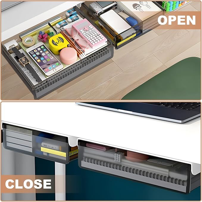SVNNELP Under Desk Table Drawer Storage Organizer,2 Pack Large & Medium Slide Out Desk Drawers - Hidden Desktop Organizer,Attachable Pencil Storage Tray Under Table(ML)