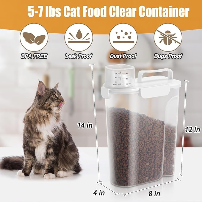 Dog Cat Food Storage Container, Pet Food Container Airtight with Large Spout & Cup, BPA-Free Plastic Food Dispenser for Pet Food, Bird Seed, Rice, Flour - White 5-7 Lbs (1 pack)