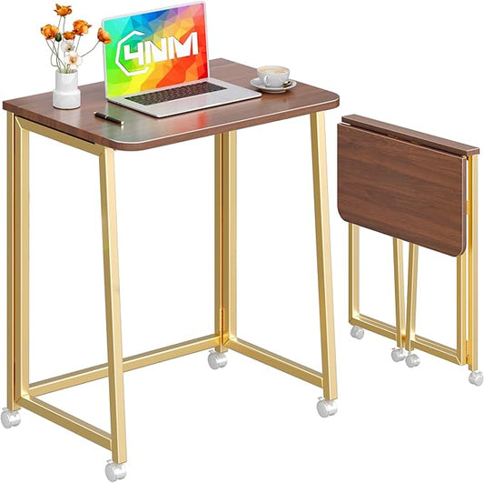 4NM 23.6" Mobile Small Folding Desk, Foldable Rolling Computer Home Office Desk, Study Writing Table for Small Space Saving Bedroom, with Wheels - Brown and Gold