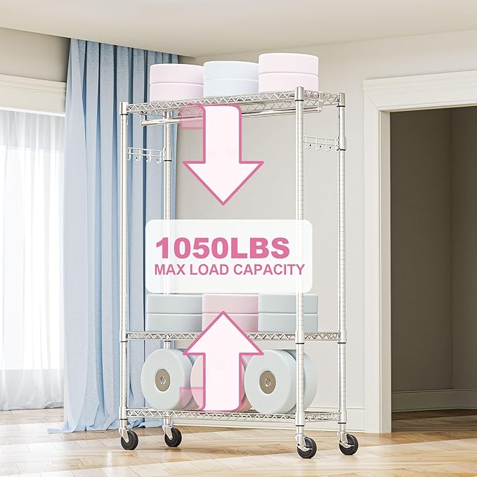 M MZG Heavy Duty Rolling Garment Rack 3 Tiers Adjustable Wire Shelving Clothes Rack with 1 Rods and Side Hooks,Storage Closet Clothing Rack with Wheels Chrome 15.7" D x 45.3" W x 75.6" H