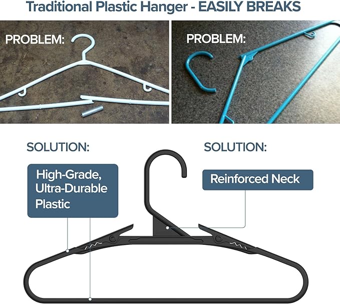 No Hassle-Hangers Best Clothes Hanger Ultra Soft Rubberized Grip Clip Keeps Garments in Place and Off the Floor. Perfect for Wide Neck Silks & Satin Tops, delicates, Athletic wear. (6, Modern Black)