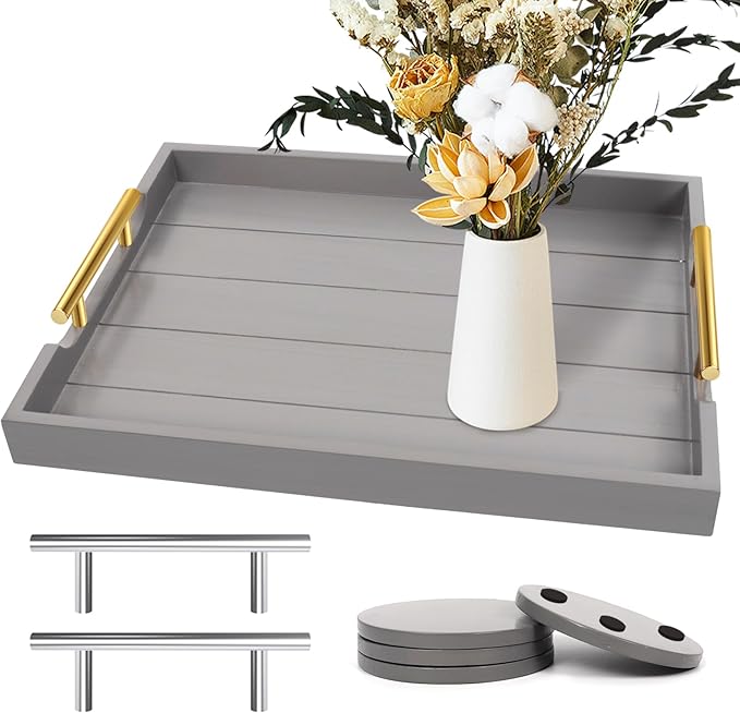 SXNOWS Wooden Serving Tray with 2 Sets of Handles,Large Ottoman Tray for Living Room, Rectangular Wood Tray for Coffee Table, Modern Farmhouse Kitchen Decor, 4 Round Coasters Included,Gray