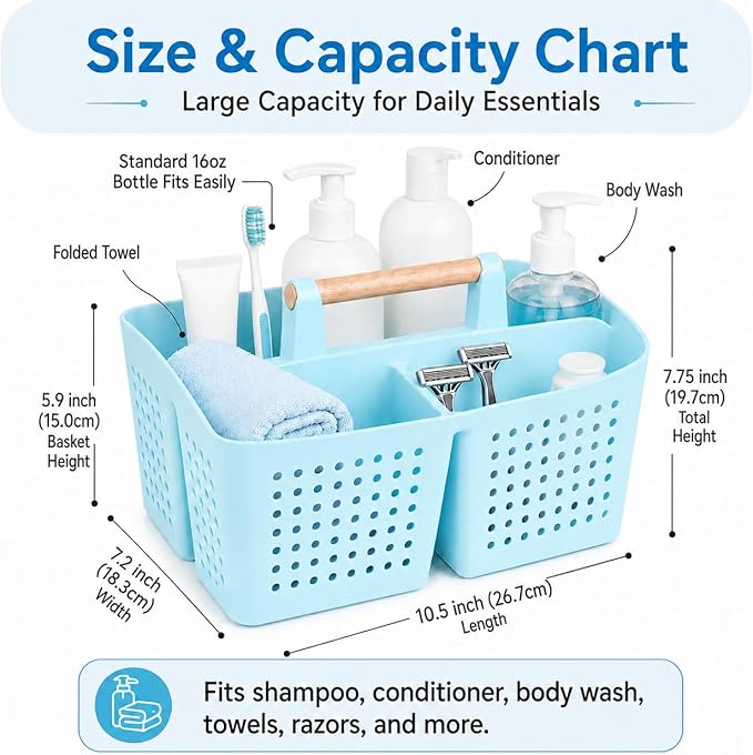 Portable Shower Caddy Basket with Wood Handle, 3-Compartment Bathroom Organizer Tote with Drain Holes, Plastic Shower Basket for Dorm, Toiletries, Cleaning Supplies, Light Blue