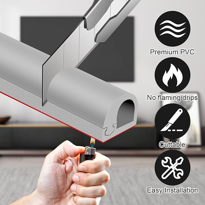 Wall Cord Hider, Flexible Self-Adhesive Wire Cover, Side-Open Cable Raceway for Cords on Wall, Cord Concealer for Mounted TV, Home Theater & Office (Gray, Regular-118inch)