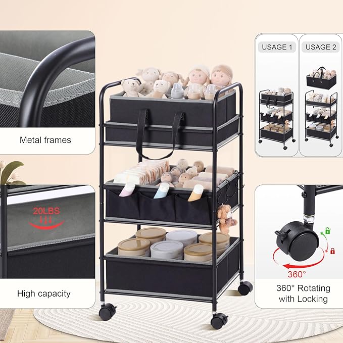 Honeydak 2in1 Baby Diaper Caddy Organizer Cart 3 Tier Large Capacity Metal Utility Bedside Rolling Cart with Divider Newborn Registry Nursery Essential Must Have Crib Bedroom Baby Shower(Black)