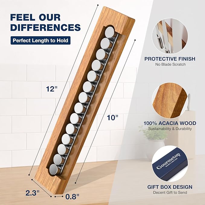 Magnetic Knife Holder for Wall, 12” Acacia Wood Magnetic Knife Strip, Knife Magnetic Strip for Fridge, Magnetic Knife Holder No Drill, Kitchen Organizer, Knife Bar with Strong Knife Magnet, Light Wood