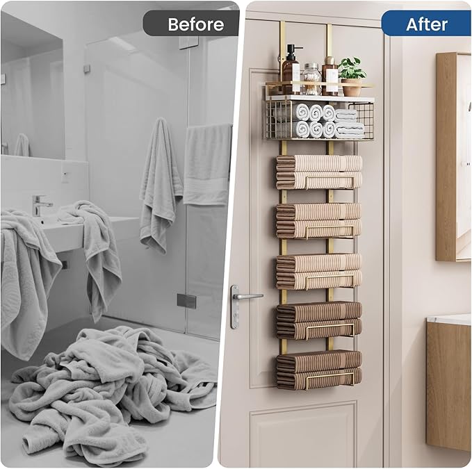 Aetyord Towel Racks for Bathroom Over The Door Towel Racks Towel Storage Organizer with Metal Shelf Basket for Bathroom Rv Camper (7-Tier Gold)