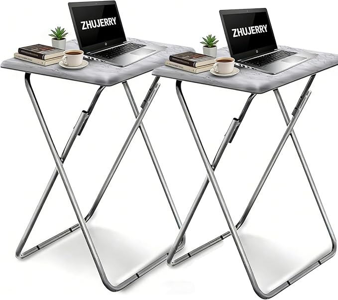 Tv Trays Folding Tv Table, Dinner Table for Eating with Sturdy Metal Frame, Small Foldable Snack Trays Table for Living Room, Couch,Sofa, Bed, No Assembly Required (White Marble 2-Piece Set)