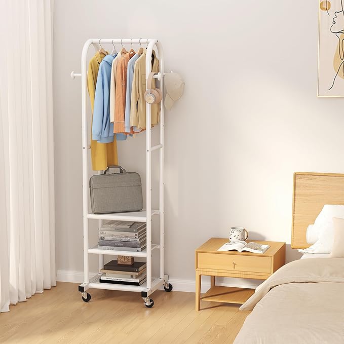 Dttwacoyh Narrow Hall Tree for Small Spaces,Space-Saving Solution for Tall Free Standing Metal Garment Rack with Shelves，Hook and Wheels for Entryway, Mud Room, Laundry Room,Bedroom- White