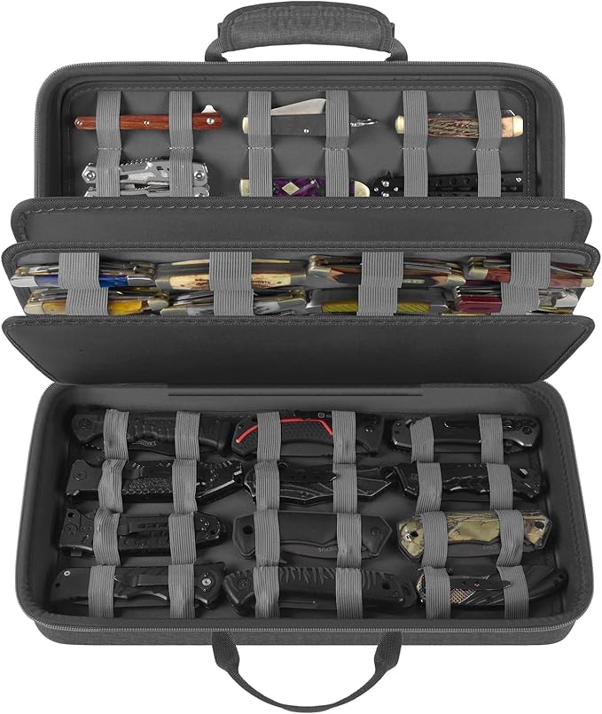 Knife Display Case for 64+ Pocket Knives, Butterfly Knife Storage Box, Folding Knives Organizer Holder, Knives Collection Organized Carrier for Survival, Tactical, Outdoor, EDC Mini Knife - Grey