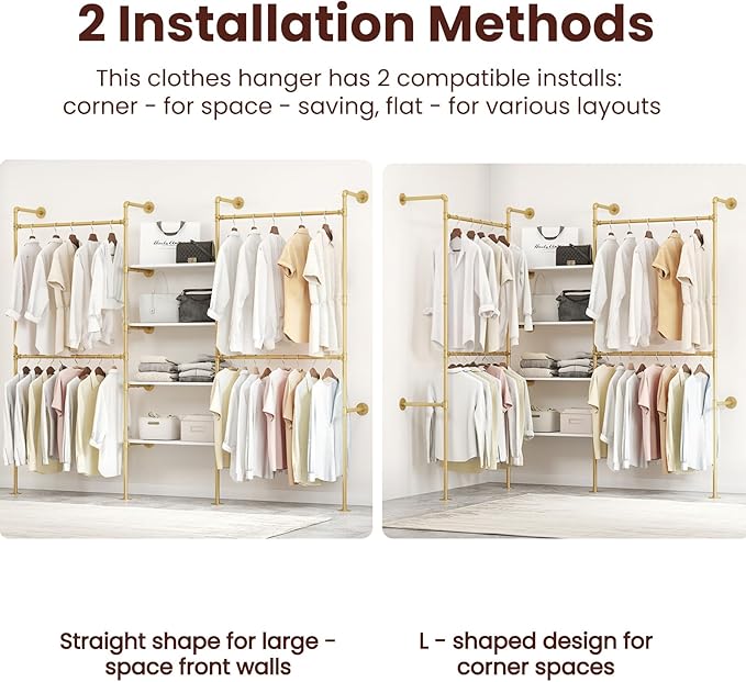 Industrial Pipe Clothing Rack, Heavy Duty Adjustable Garment Hanger with Shelves, 2 Installation Methods Closet Storage System for Wardrobe Organization (Gold, 80" H x 86" W)