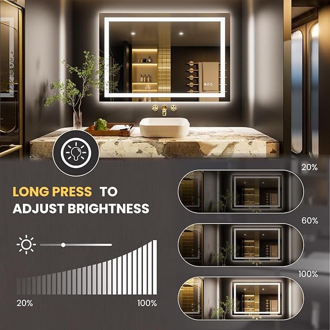 LOAAO 50"x34" LED Bathroom Mirror with Lights, Anti-Fog, Dimmable, Backlit + Front Lit, Lighted Bathroom Vanity Mirror for Wall, Memory Function