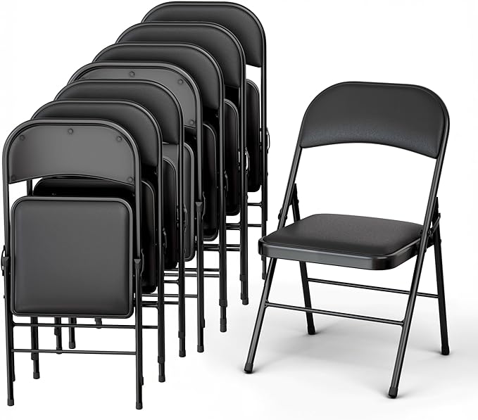 Our Modern Space 8 Pack Leather Chair | Foldable & Stackable | 350 lbs Capacity Steel Frame Seats for Indoor or Outdoor | Commercial Use Events Wedding Party Events Bulk Picnic Kitchen Dining - Black