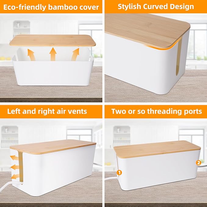Cable Management Box 2 Pack, Cord Organizer for TV Cables Computer Wires, Under Desk Cord Hider with Bamboo Lid, Large Power Strip Cover for Home Office Router USB Hub, Child Proof Pet Proof - White