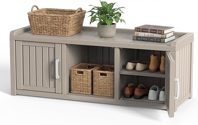DRATO Shoe Storage Cabinet with Bench, Waterproof Shoe Cabinet with 2 Doors and Adjustable Shelf, Resin Storage Bench for Entryway Bedroom Hallway (Gray, 2 Doors)