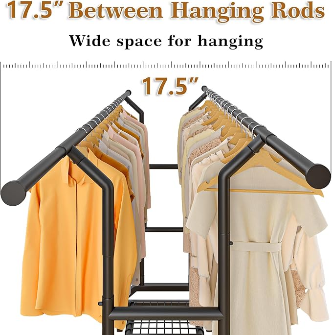 Wiracks Heavy Duty Clothes Rack Double Clothing Rack 450lbs Capacity 3" Industrial Wheels 51"-71" L X 19.7" D X 73"-79" H Stury Rolling Clothes Rack Adjustable Rolling Garment Rack Black