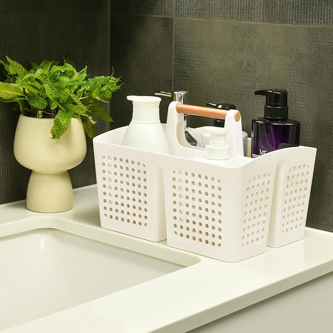 Portable Shower Caddy Basket with Wood Handle, 3-Compartment Bathroom Organizer Tote with Drain Holes, Plastic Shower Basket for Dorm, Toiletries, Cleaning Supplies, White