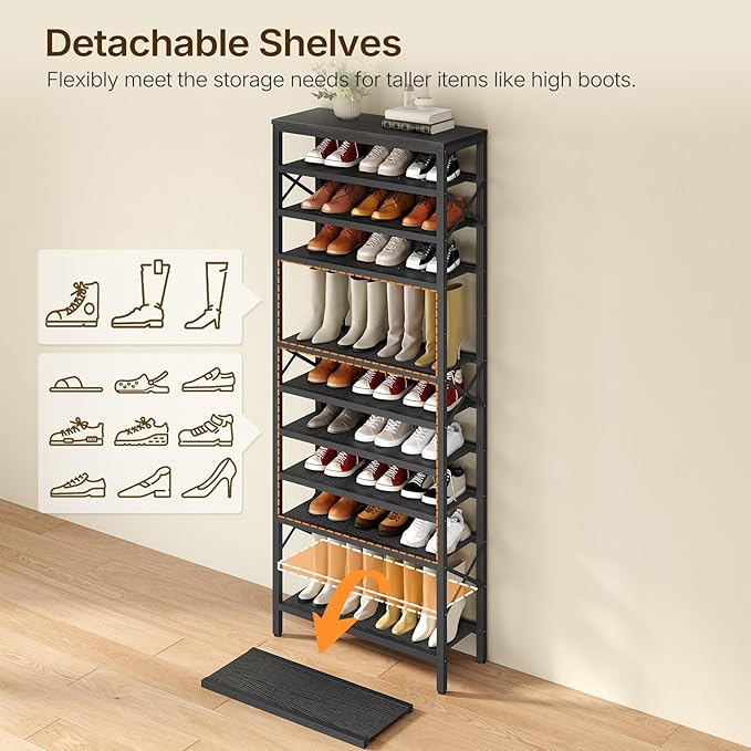 YATINEY 12-Tier Tall Shoe Rack Organizer, Wooden Shoe Storage for Closet Holds 48 Pairs, Sturdy Shoe Shelf with X-Shaped Metal Support, for Entryway, Bedroom, Black SS212BB