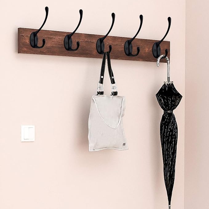 IBosins 10 Pack Dual Coat Hooks Wall Mounted with 40 Screws Retro Double Hooks Utility Black No Rust Hooks for Coat, Scarf, Bag, Towel, Key, Cap, Cup, Hat (Black)