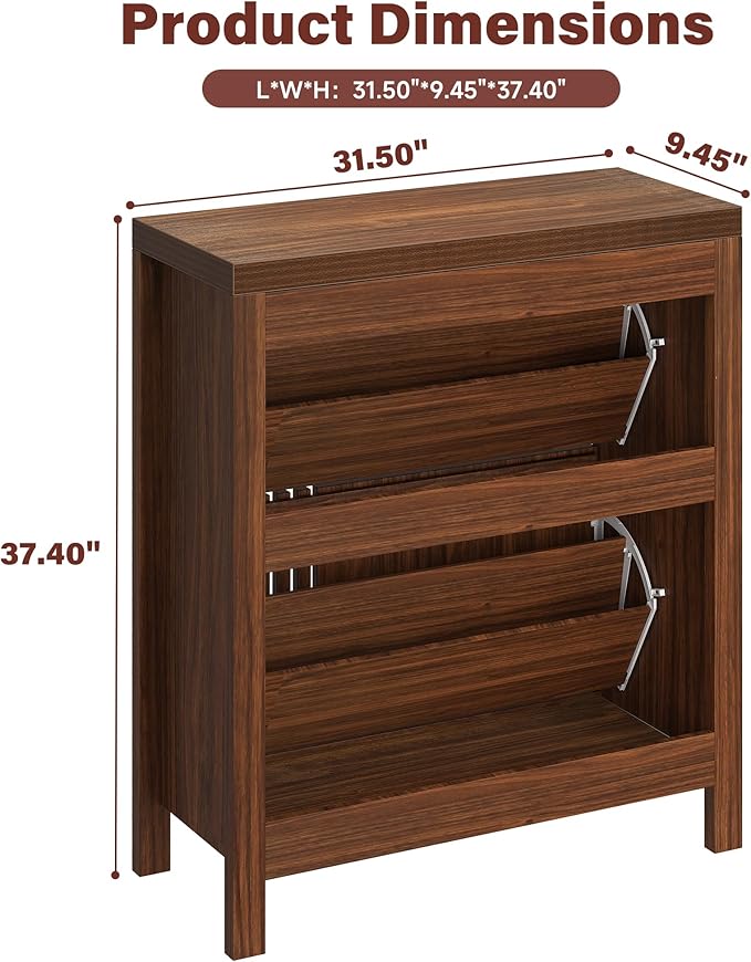 knoworld Shoe Storage Cabinet for Entryway with 2 Flip Drawers, 31.5" Narrow Fluted Shoe Organizer Cabinet, Slim Wooden Shoe Cabinet, Freestanding Hidden Shoe Cabinet for Entrance, Hallway (Walnut)