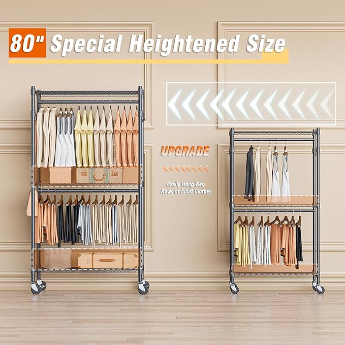 Homdox Narrow Rolling Garment Rack with Double Rods and 3 Adjustable Shelves, Compact Portable Closet Organizer for Bedroom, Dorm, Laundry Room, 23.62" W x 16.54" D x 80.71" H, Gray