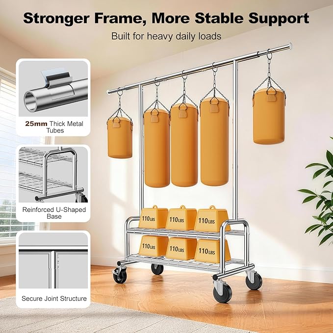 Heavy Duty Clothing Rack with Shelves, 660 LBS Capacity Rolling Metal Clothes Rack with Lockable Wheels, Garment Rack for Bedroom, Laundry Room, Portable Closet Organizer, Silver