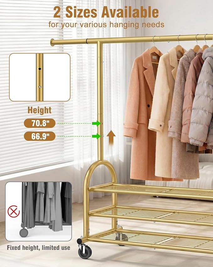EAGMAK Heavy Duty Clothes Rack for Hanging Clothes Load 688 LBS, Height Adjustable Rolling Clothing Racks, Portable Metal Coat Rack Garment Wardrobe with Wheels and 3 Shelves for Bedroom, Gold